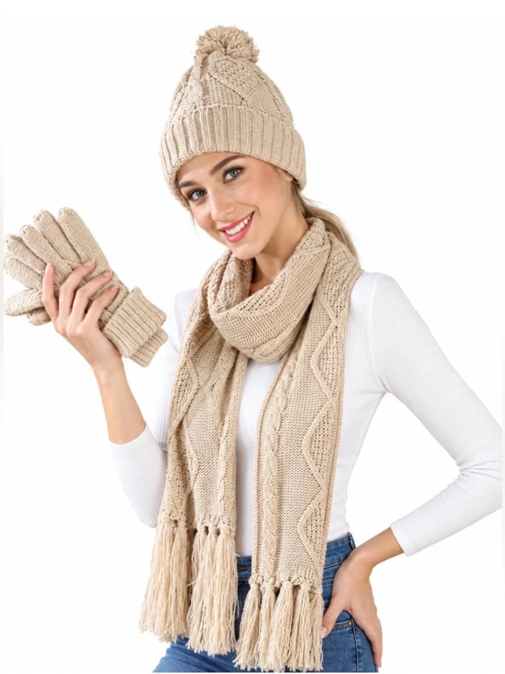 New! Super Soft  Beige Cable Knit Pom Beanie, Scarf & Glove Set -